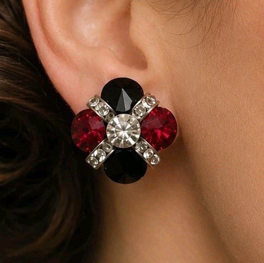 Vtg Red Black Clear Rhinestone Clip On Earrings Silver Tone Statement Cluster